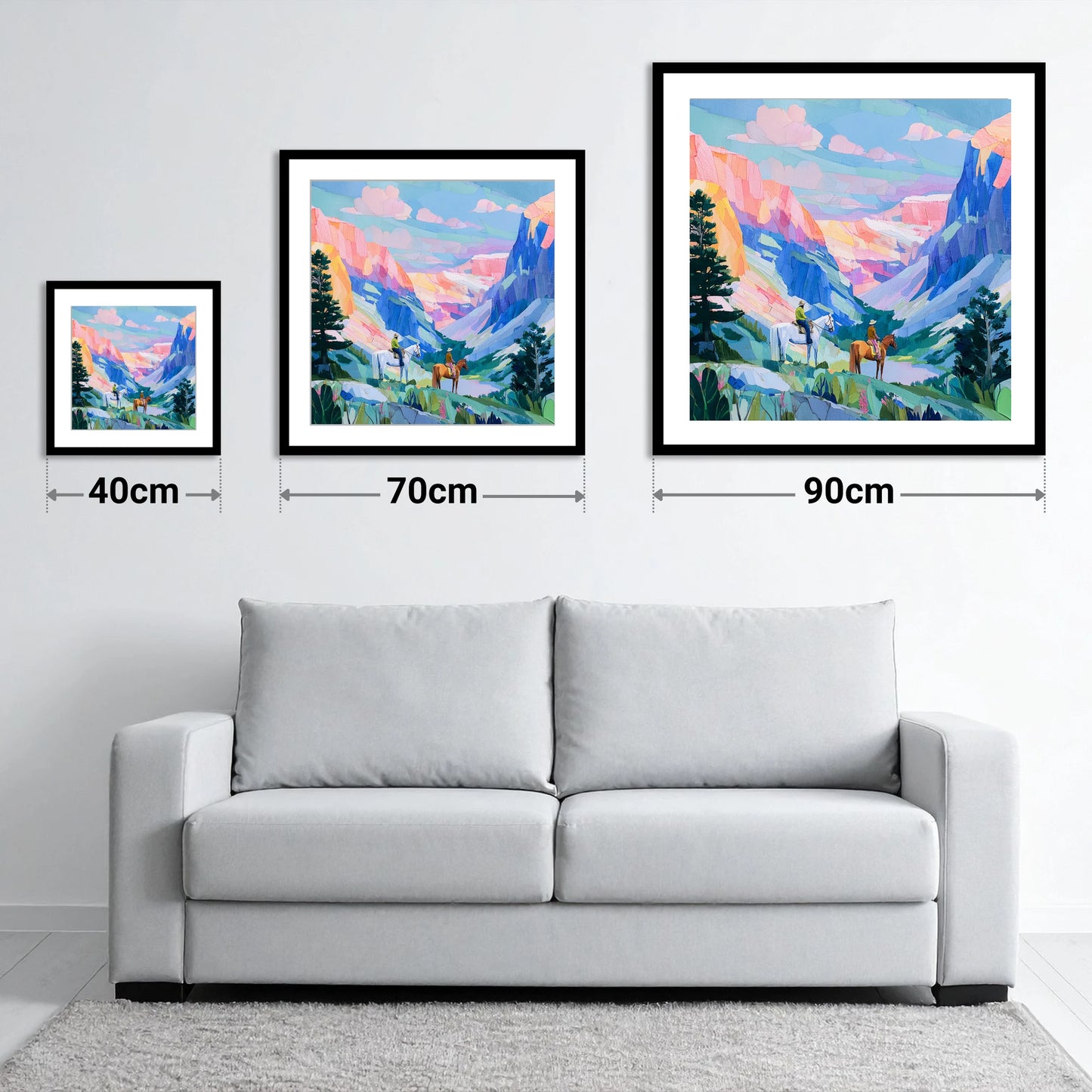 Painted Canyon Trail - size guide showing 40cm, 70cm and 90cm art prints