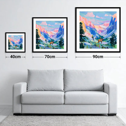 Painted Canyon Trail - size guide showing 40cm, 70cm and 90cm art prints