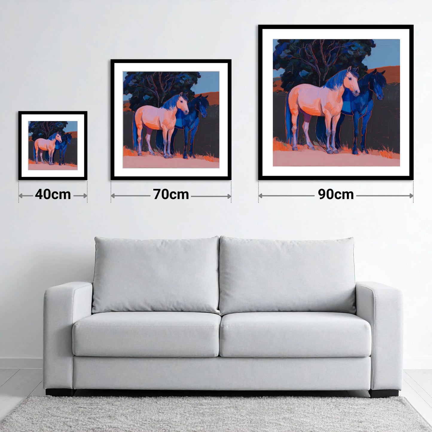 Contrasting Companions - size guide showing 40cm, 70cm and 90cm art prints