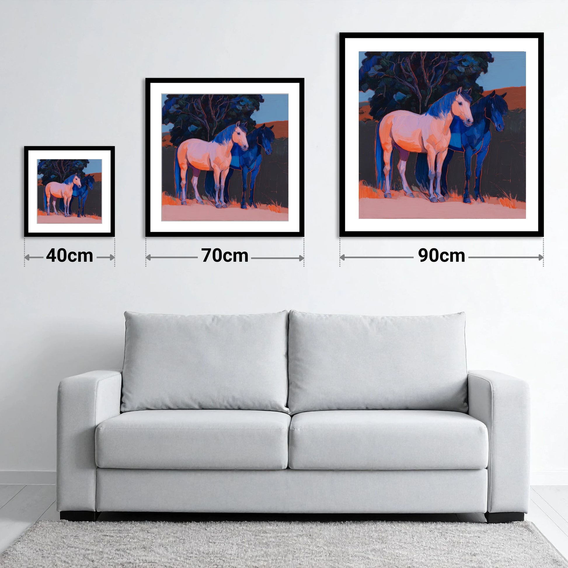 Contrasting Companions - size guide showing 40cm, 70cm and 90cm art prints