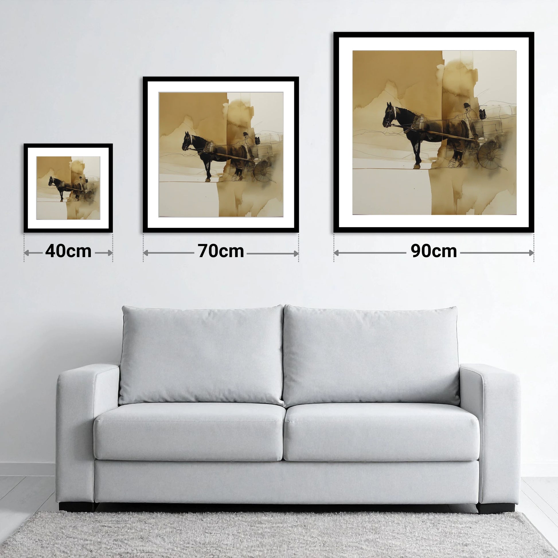The Sepia Draught - size guide showing 40cm, 70cm and 90cm art prints