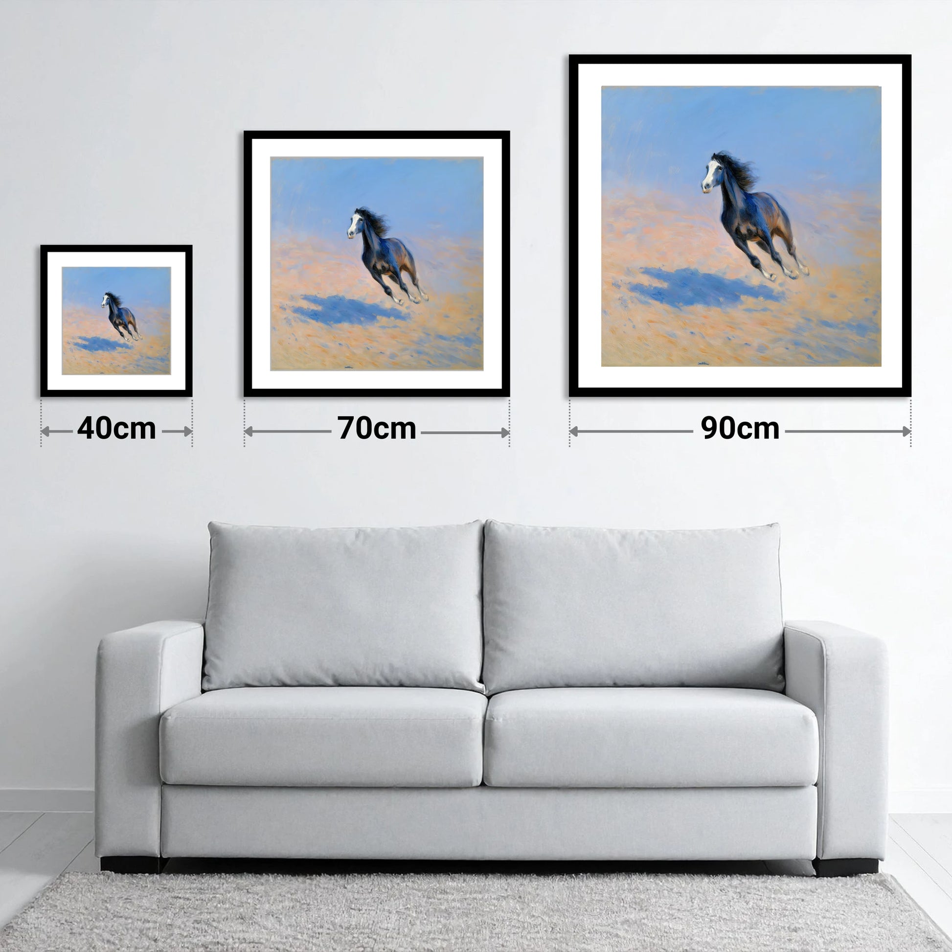 Sunlit Gallop - size guide showing 40cm, 70cm and 90cm art prints