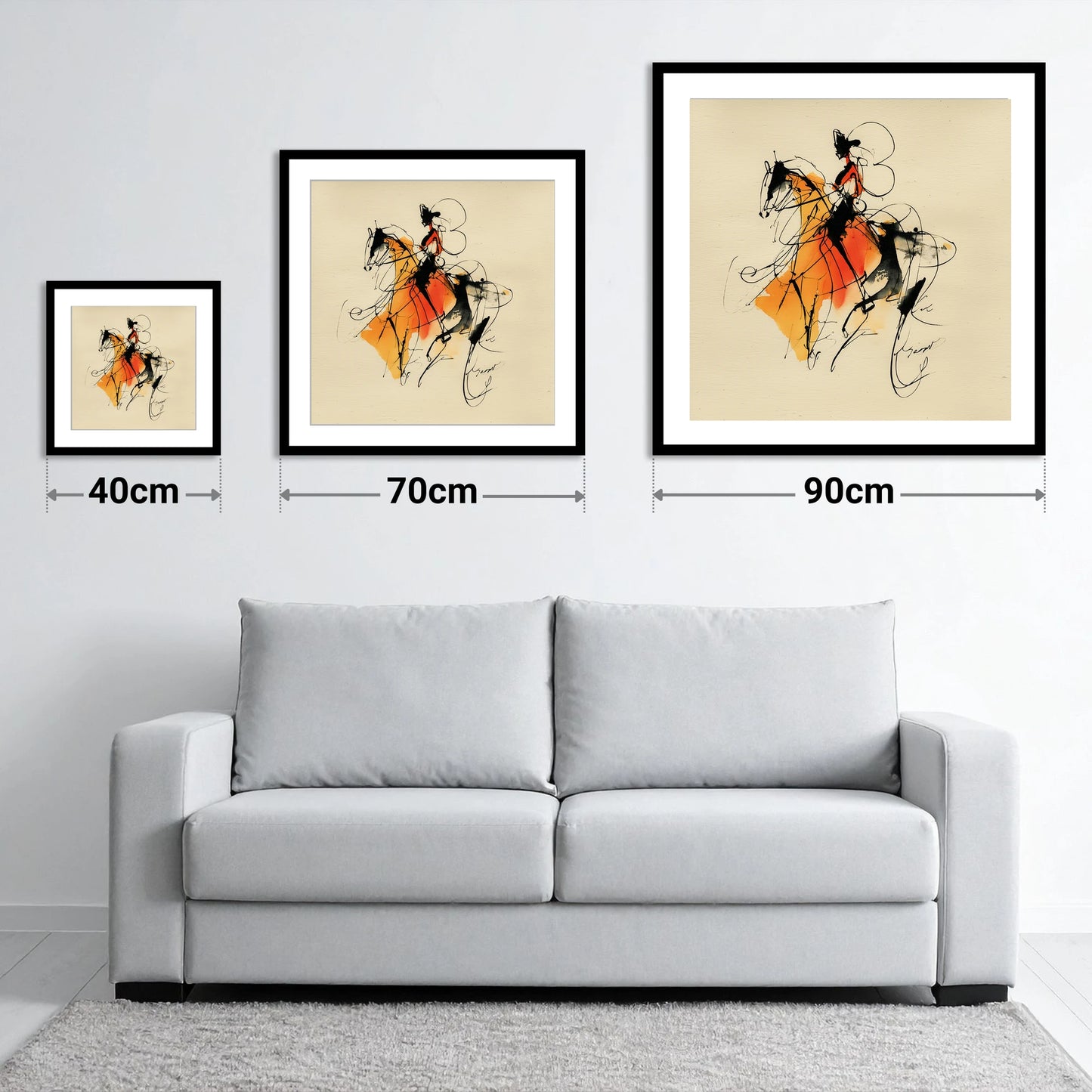 Harmony in Amber - size guide showing 40cm, 70cm and 90cm art prints