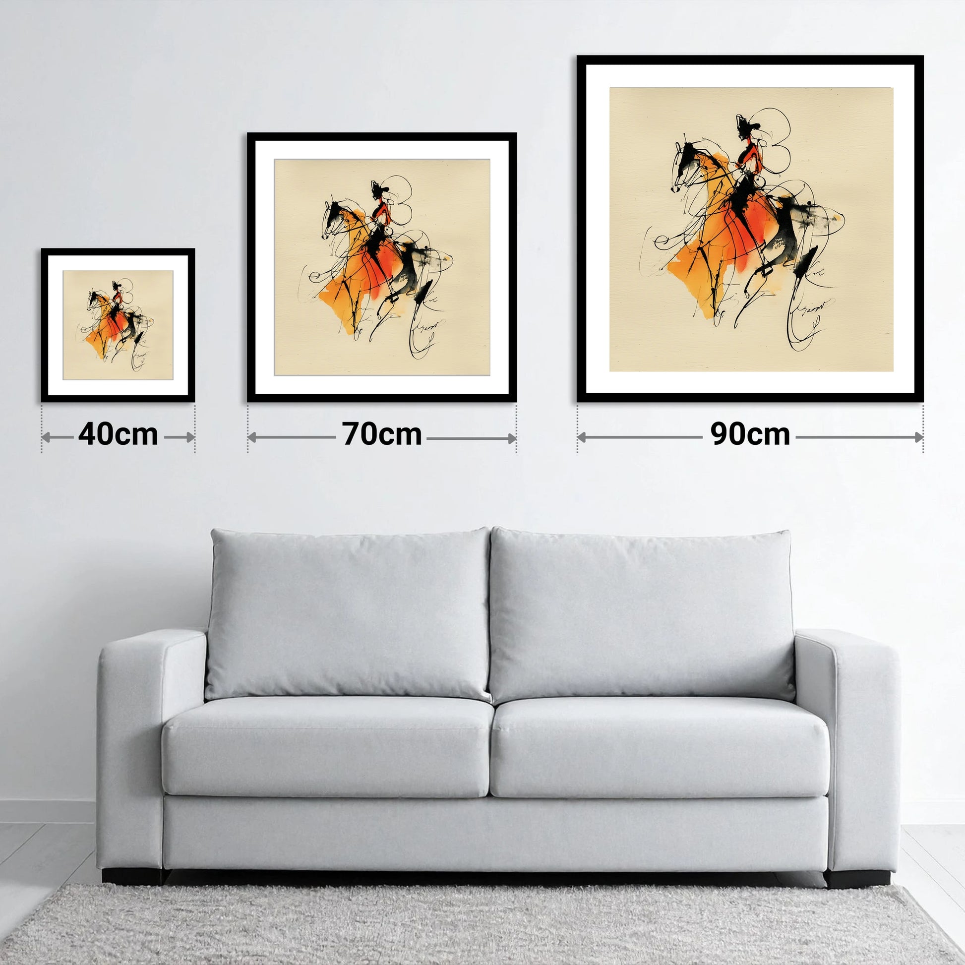 Harmony in Amber - size guide showing 40cm, 70cm and 90cm art prints