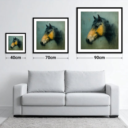Teal and Ochre Profile - size guide showing 40cm, 70cm and 90cm art prints
