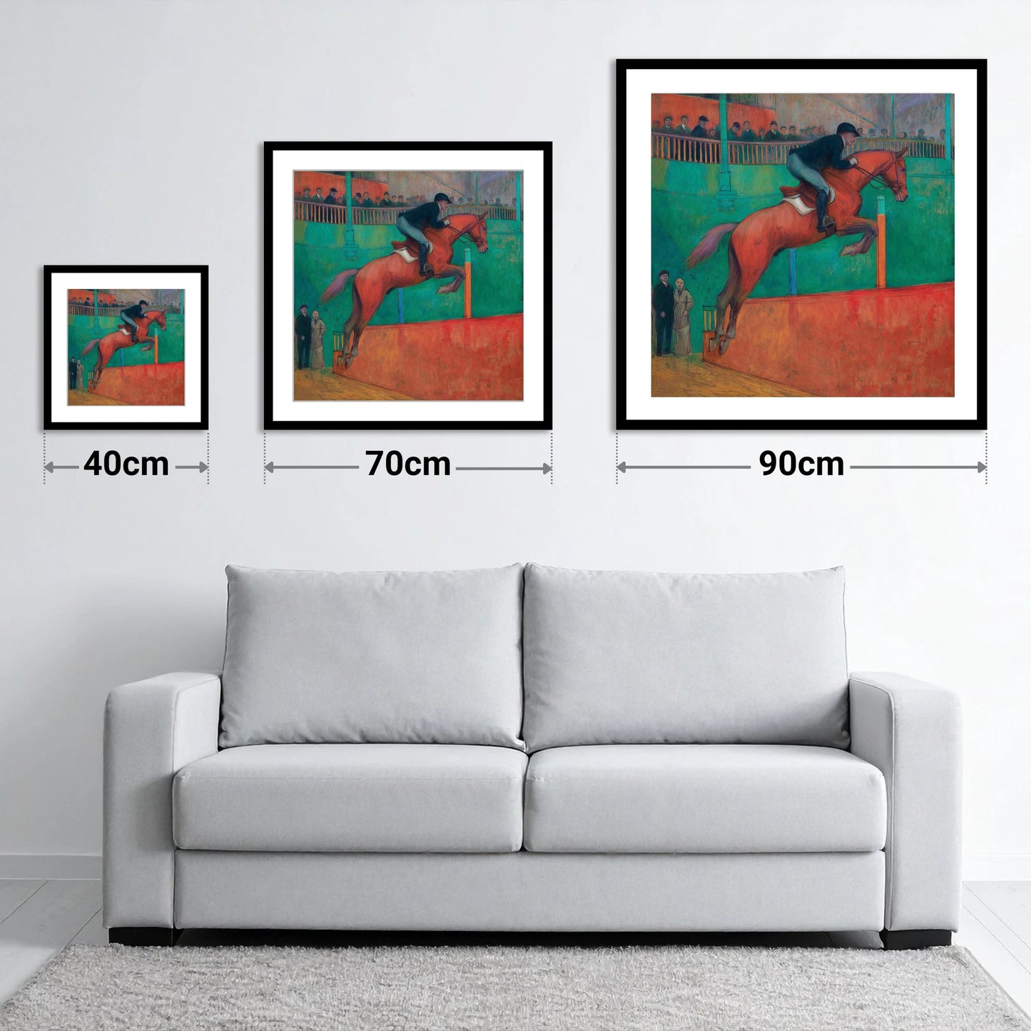 Emerald Arena Flight - size guide showing 40cm, 70cm and 90cm art prints
