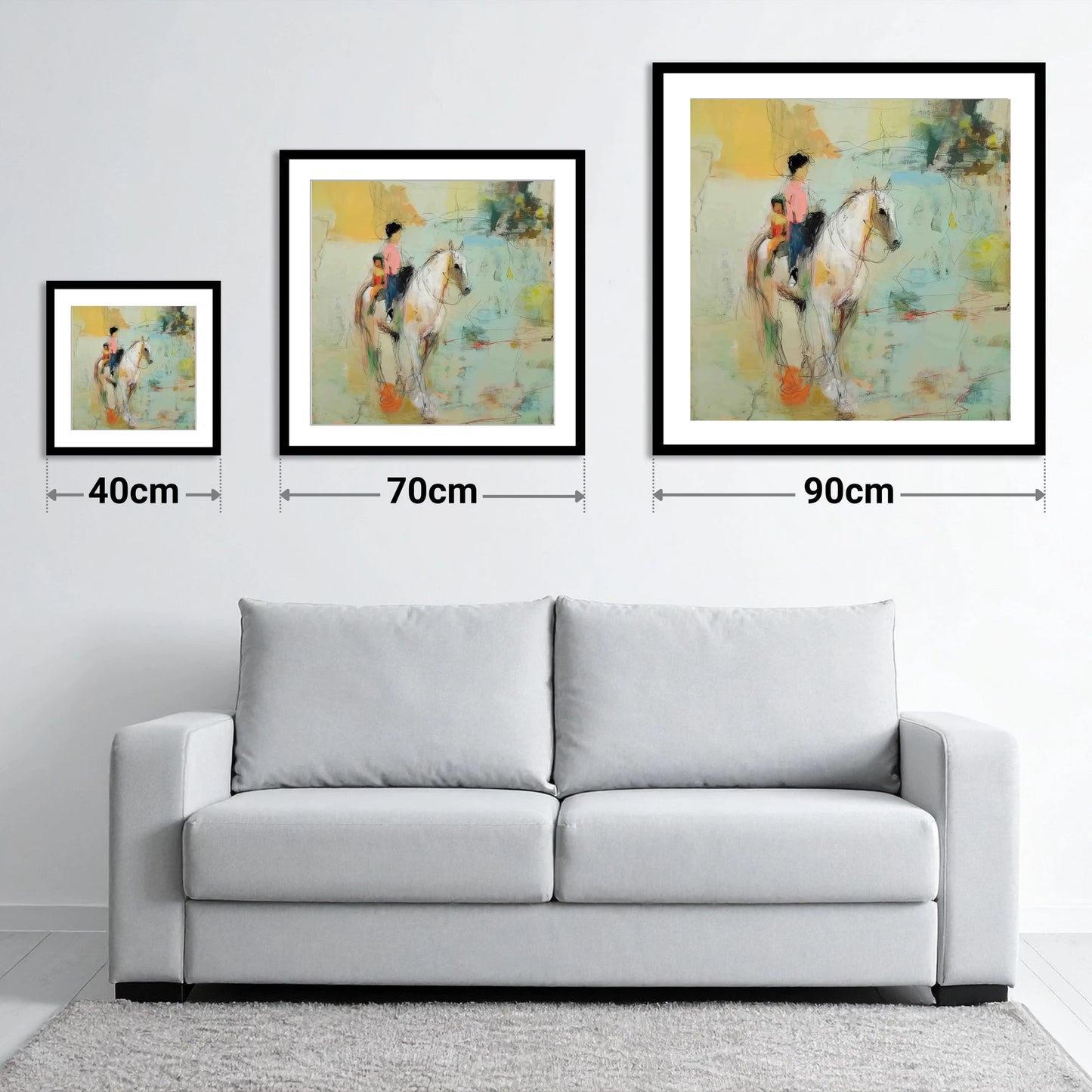 The Shared Ride - size guide showing 40cm, 70cm and 90cm art prints