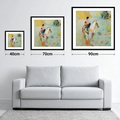 The Shared Ride - size guide showing 40cm, 70cm and 90cm art prints