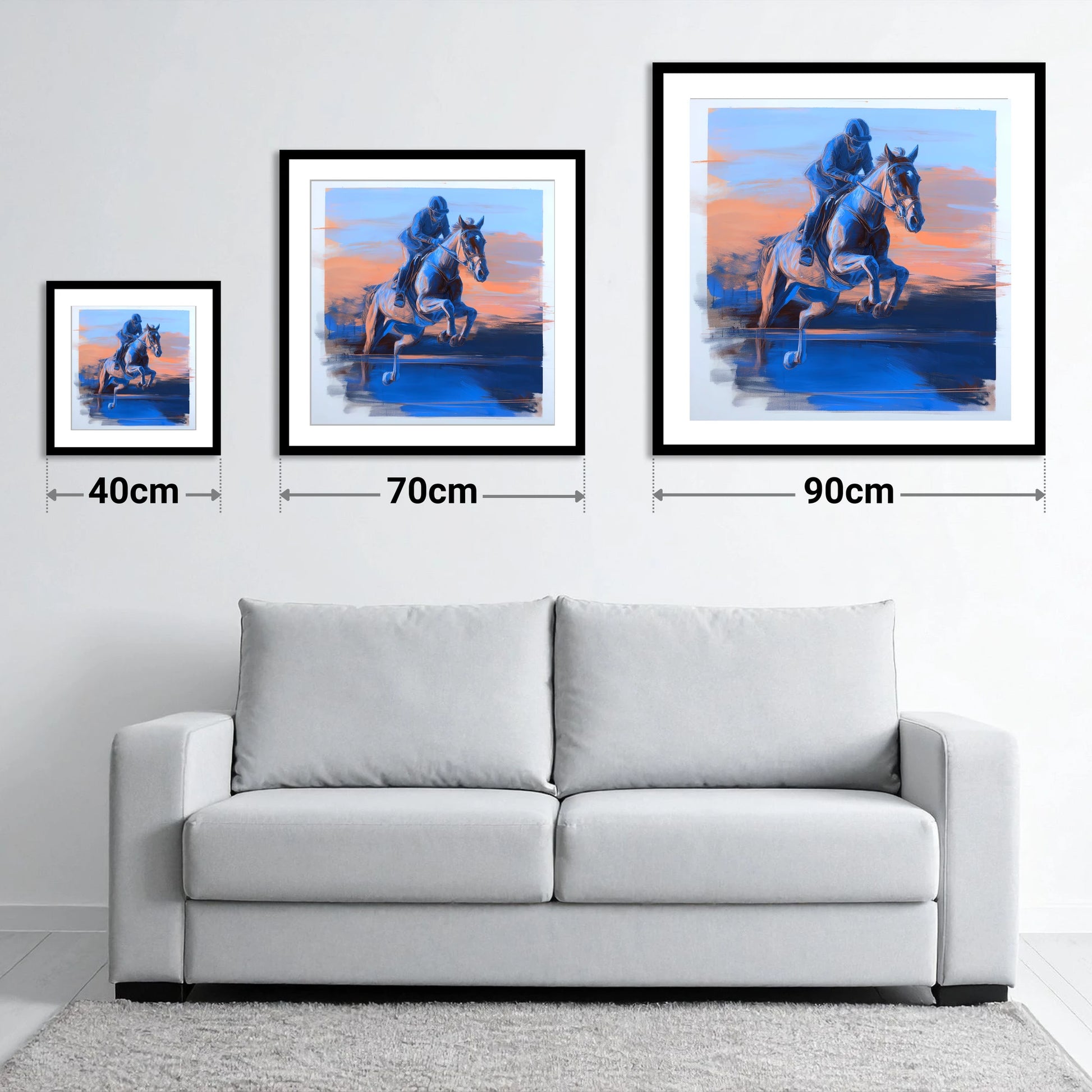 Cobalt Flight - size guide showing 40cm, 70cm and 90cm art prints