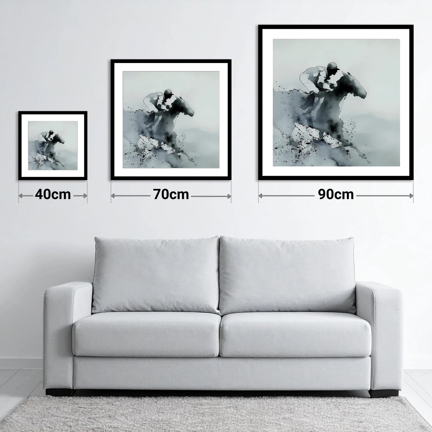 Shadows of the Track - size guide showing 40cm, 70cm and 90cm art prints