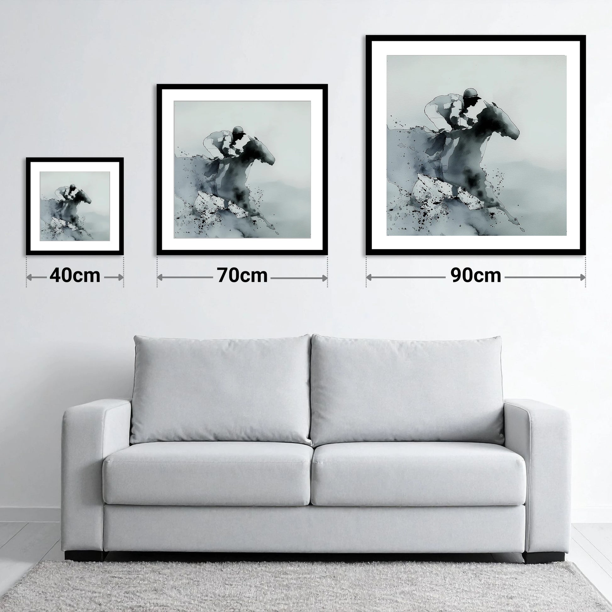 Shadows of the Track - size guide showing 40cm, 70cm and 90cm art prints
