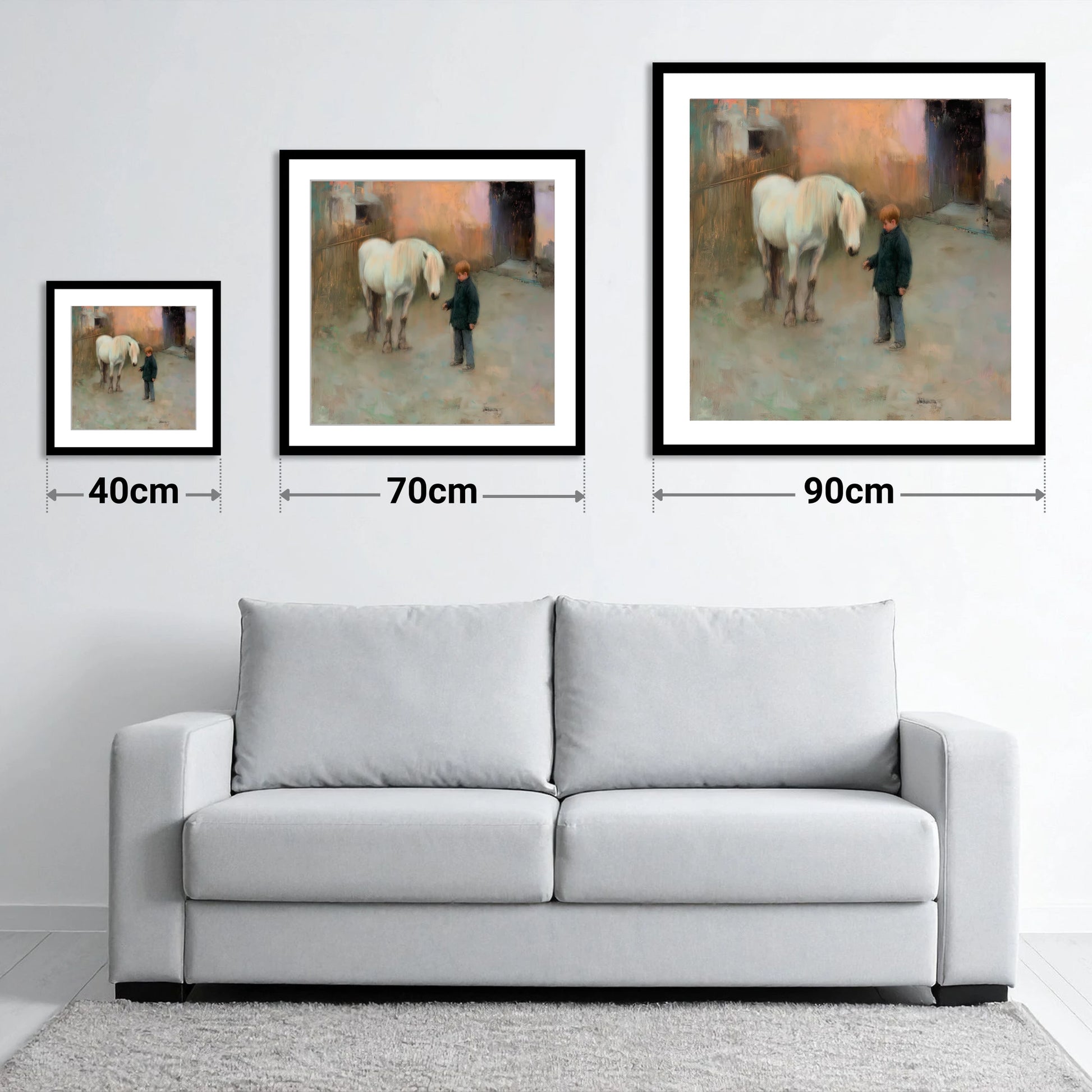A Quiet Understanding - size guide showing 40cm, 70cm and 90cm art prints