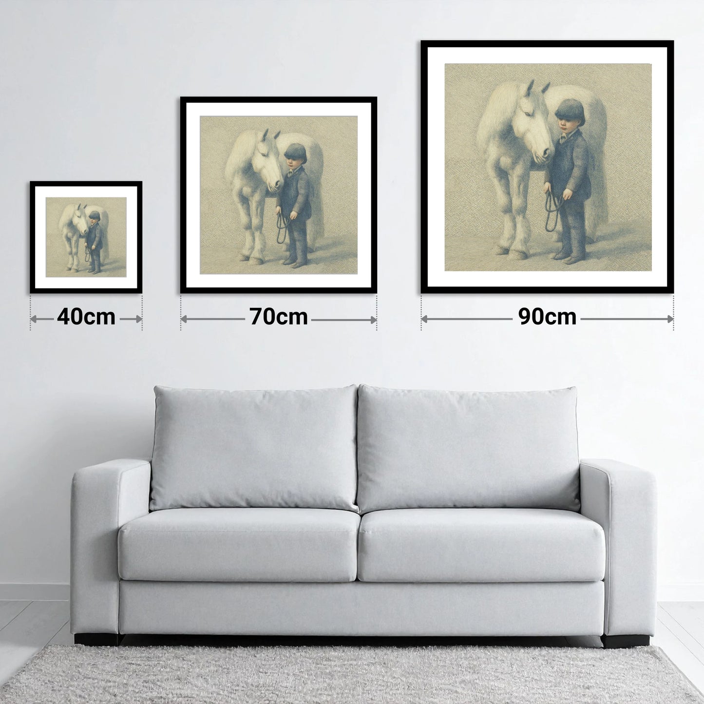 The Young Handler - size guide showing 40cm, 70cm and 90cm art prints