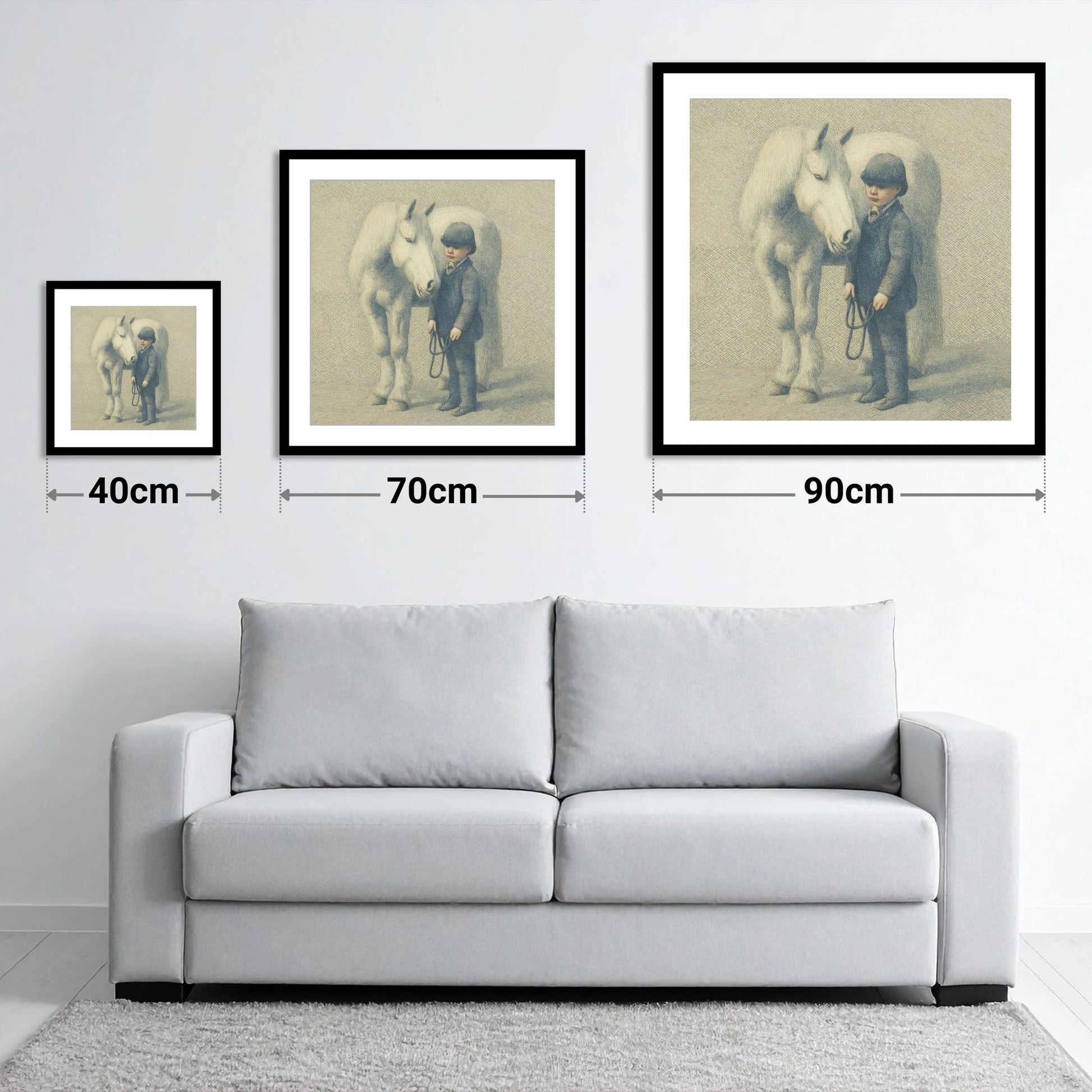 The Young Handler - size guide showing 40cm, 70cm and 90cm art prints