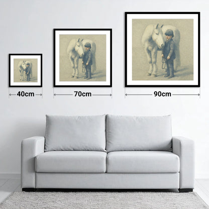 The Young Handler - size guide showing 40cm, 70cm and 90cm art prints