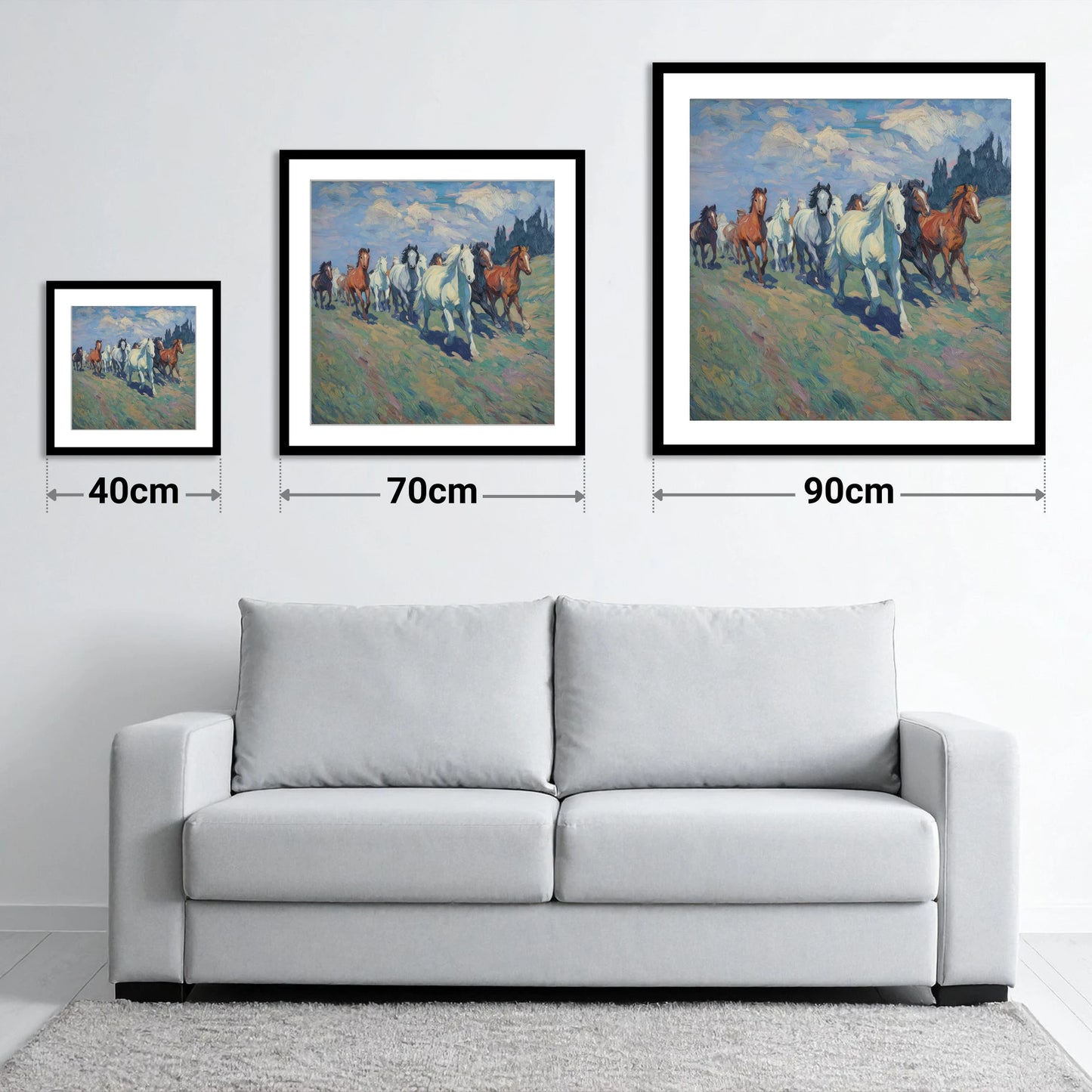 Unbridled Spirit - size guide showing 40cm, 70cm and 90cm art prints
