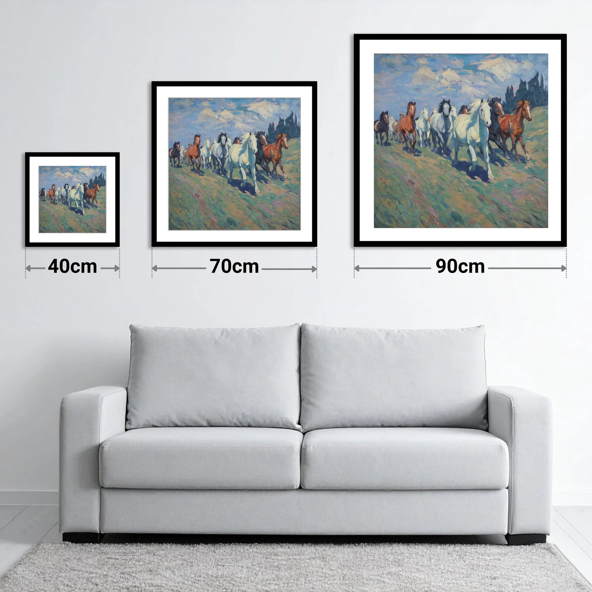 Unbridled Spirit - size guide showing 40cm, 70cm and 90cm art prints