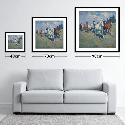 Unbridled Spirit - size guide showing 40cm, 70cm and 90cm art prints