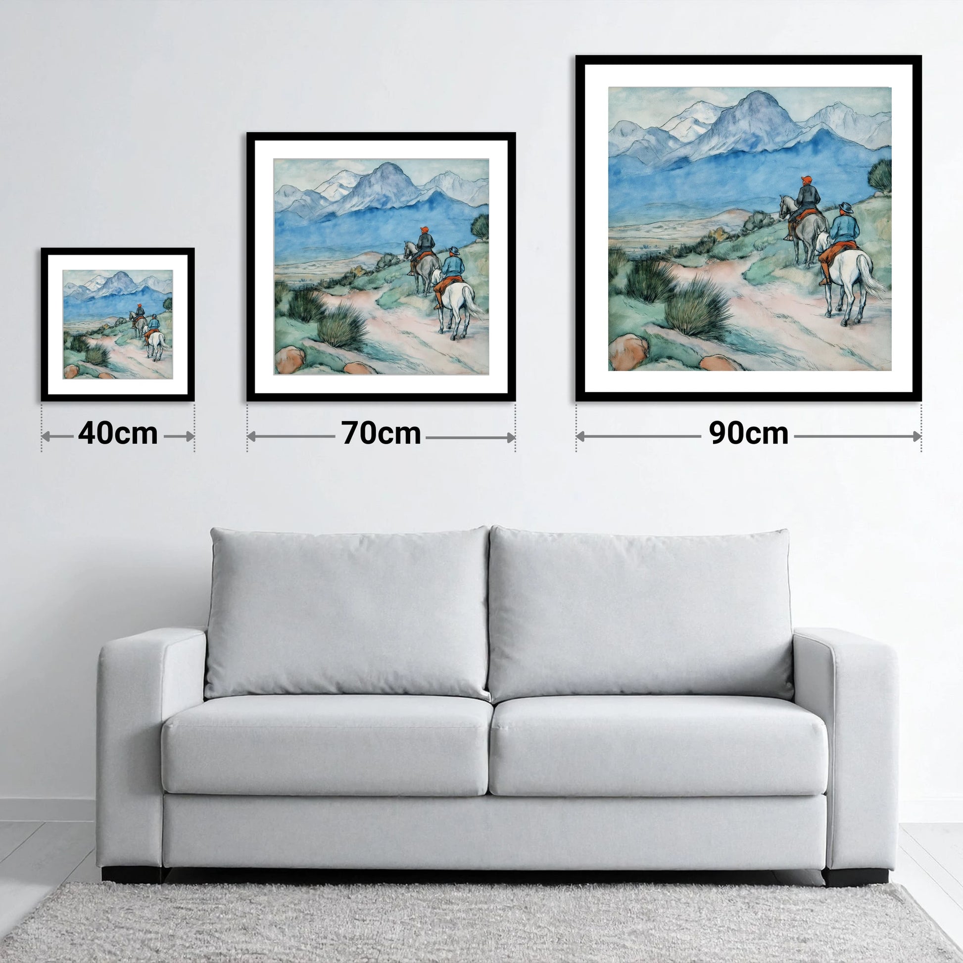 High Country Trek - size guide showing 40cm, 70cm and 90cm art prints