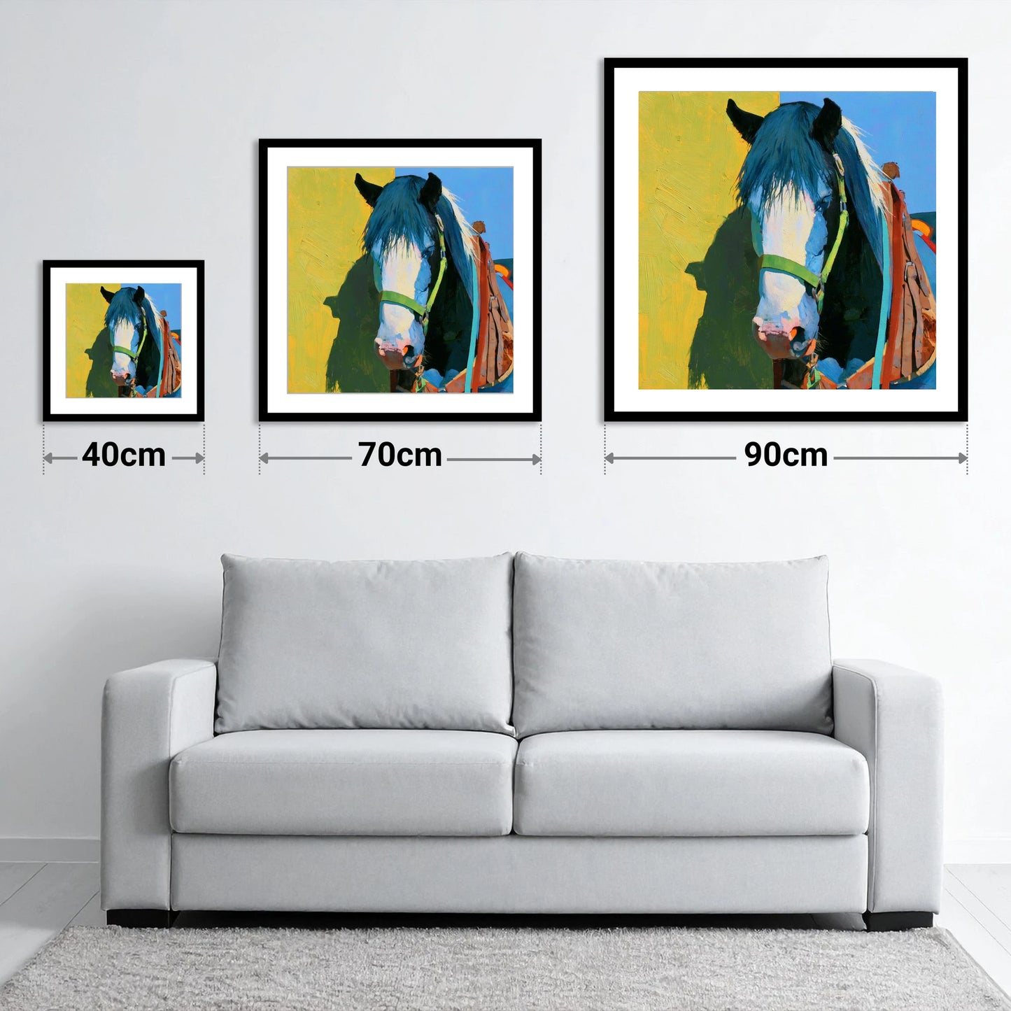 Tacked Horse Against Yellow Wall - size guide showing 40cm, 70cm and 90cm art prints