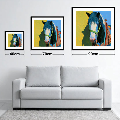 Tacked Horse Against Yellow Wall - size guide showing 40cm, 70cm and 90cm art prints