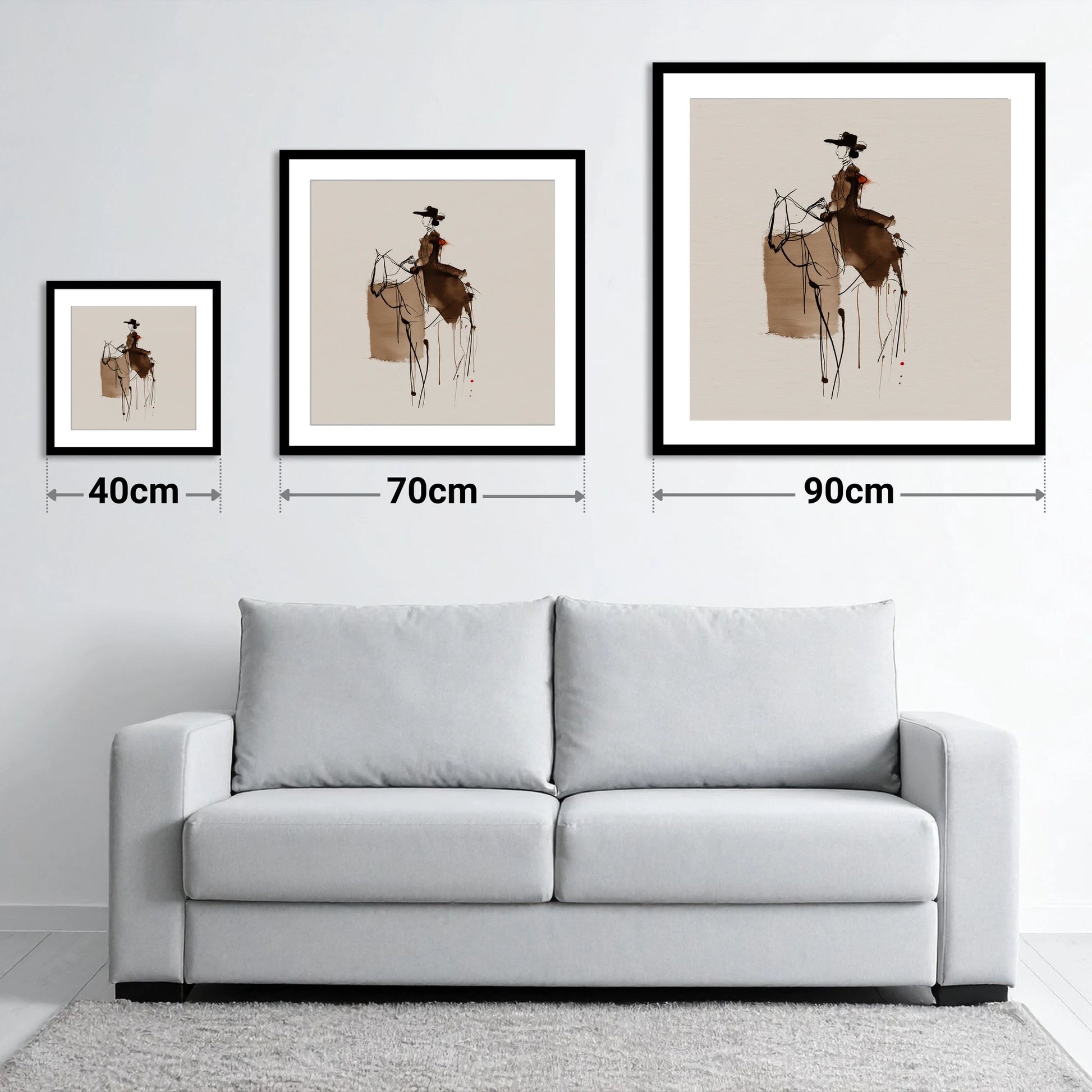 Timeless Western Rider - size guide showing 40cm, 70cm and 90cm art prints