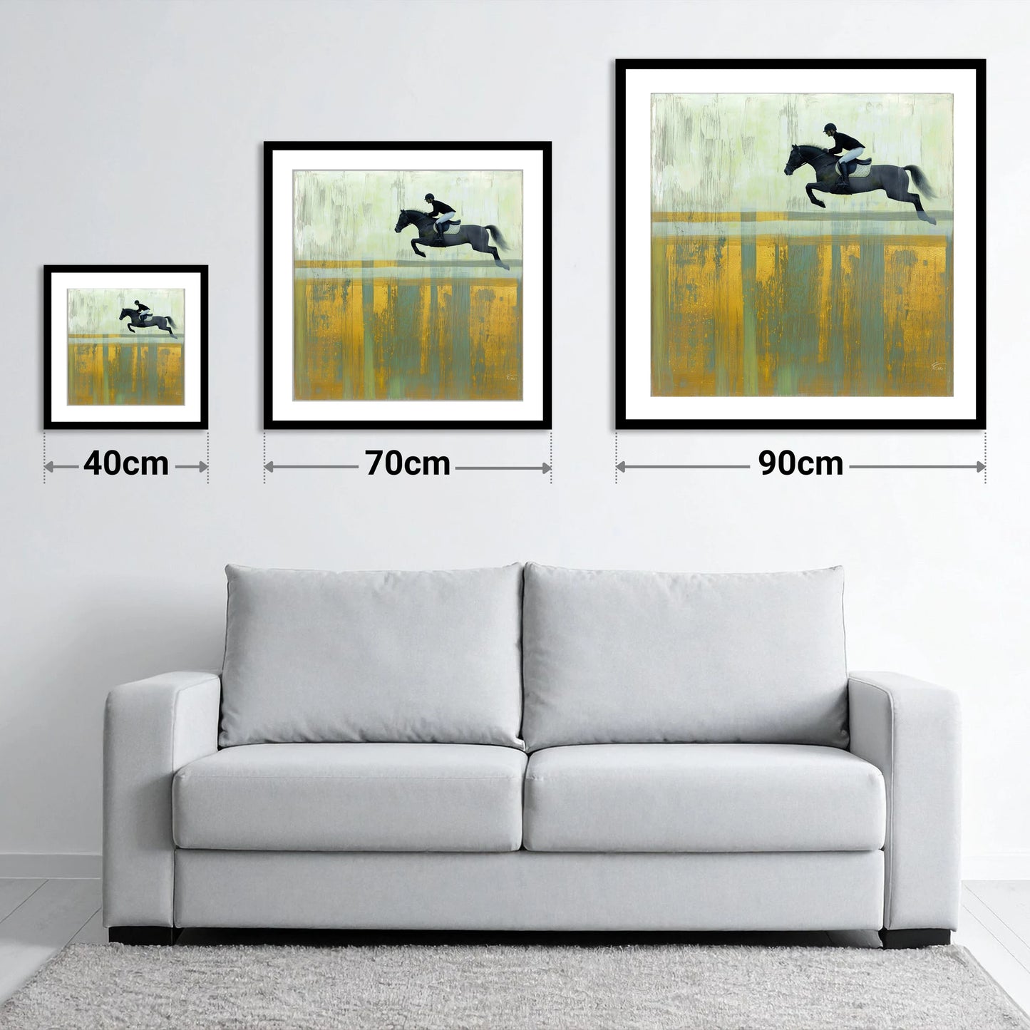 Flight Over Gold - size guide showing 40cm, 70cm and 90cm art prints