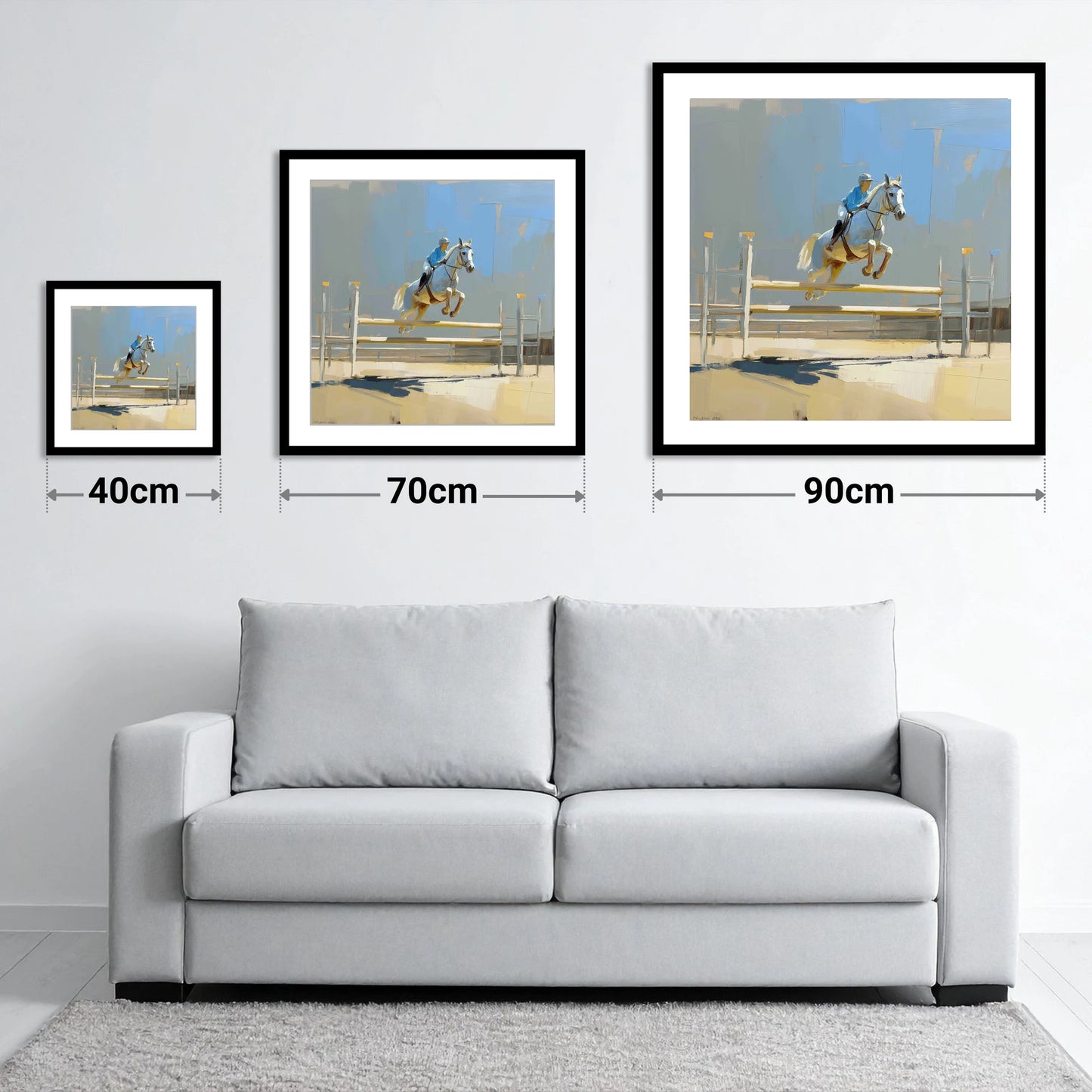 Sunlit Flight - size guide showing 40cm, 70cm and 90cm art prints