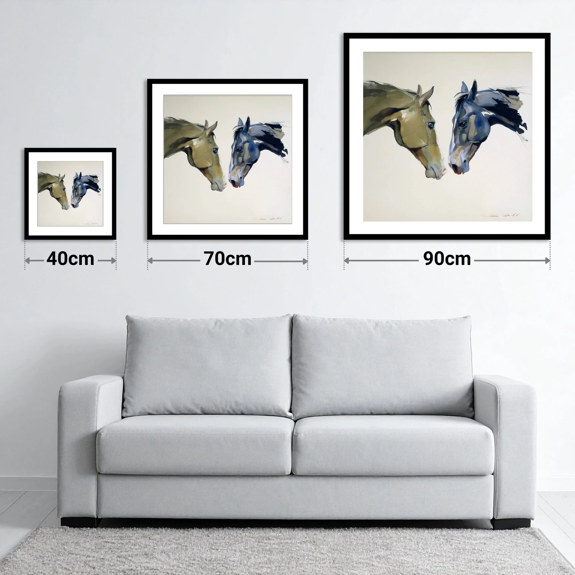 Kindred Spirits - size guide showing 40cm, 70cm and 90cm art prints