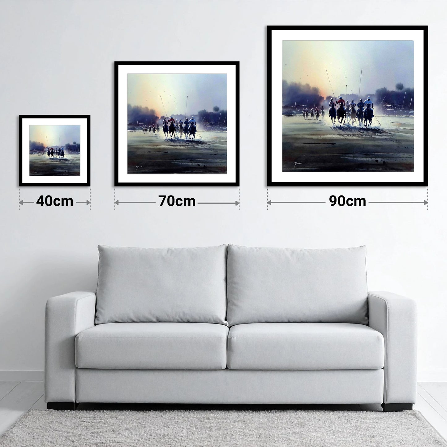 Thundering Polo Charge - size guide showing 40cm, 70cm and 90cm art prints