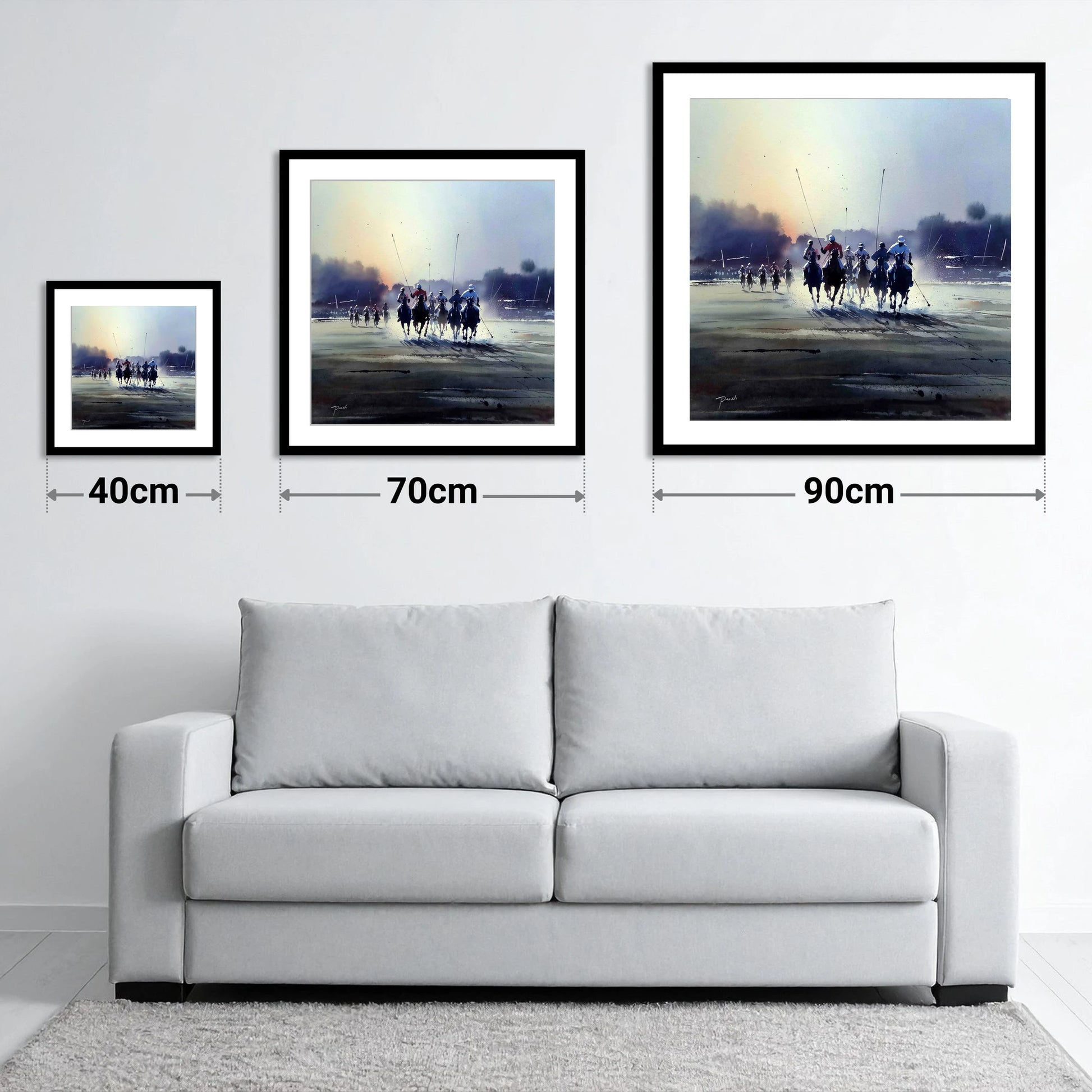 Thundering Polo Charge - size guide showing 40cm, 70cm and 90cm art prints
