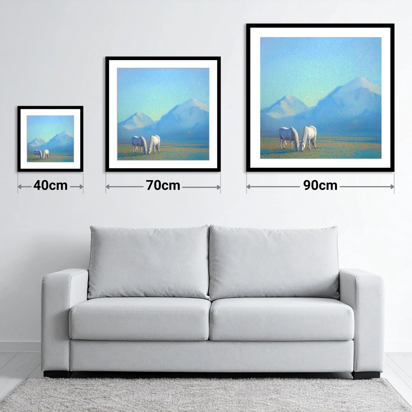 Luminous Mountain Pasture - size guide showing 40cm, 70cm and 90cm art prints