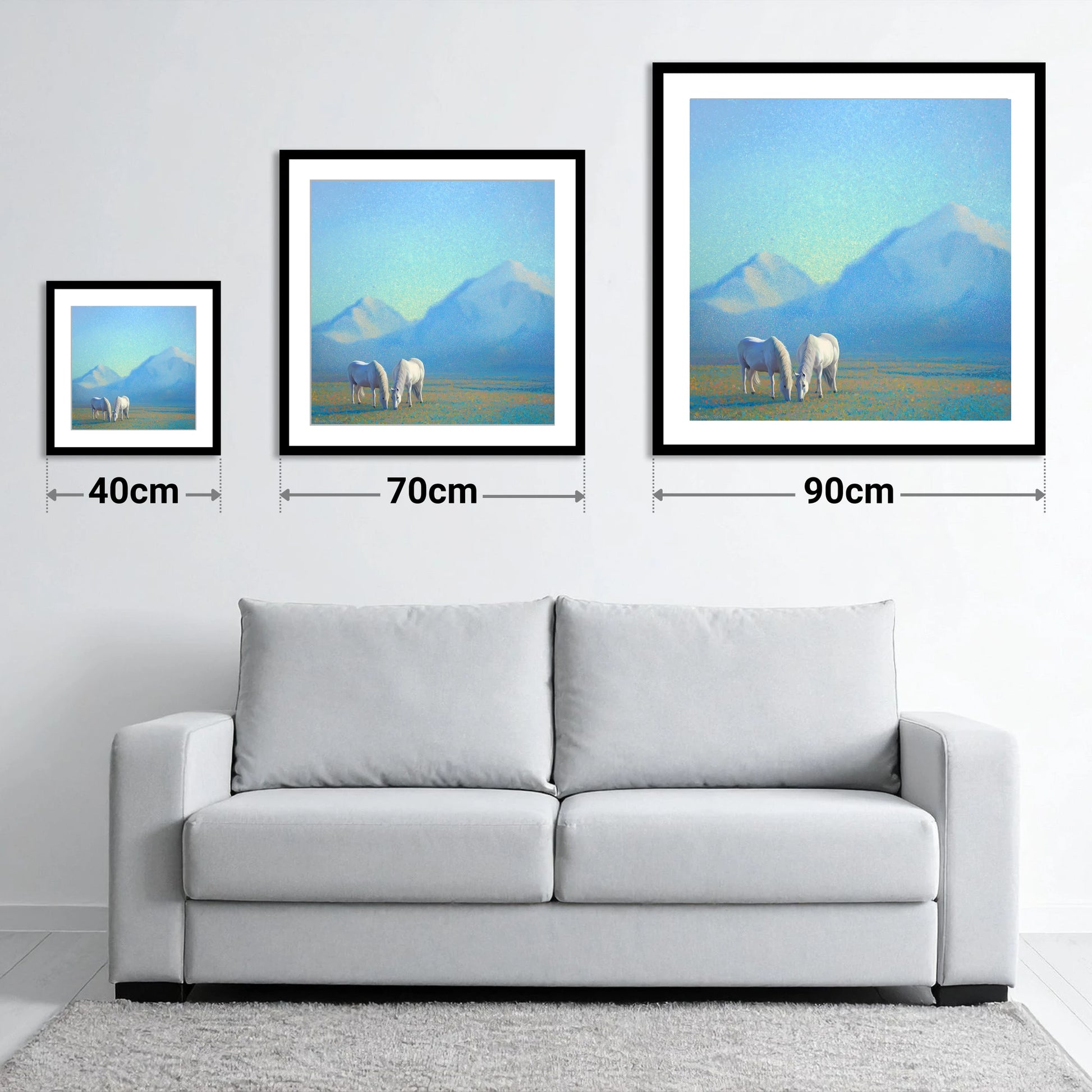 Luminous Mountain Pasture - size guide showing 40cm, 70cm and 90cm art prints