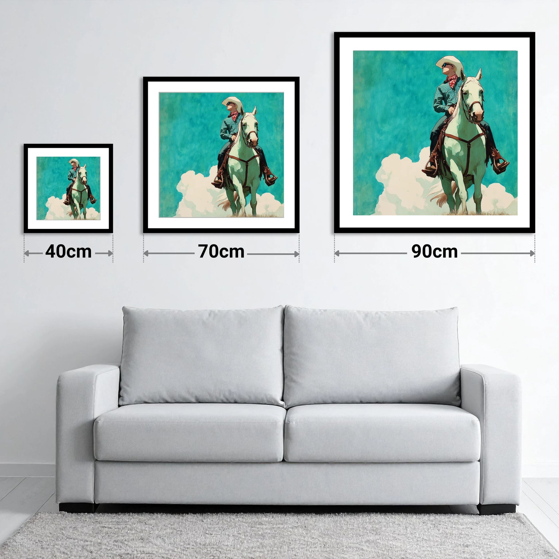 Teal Sky Rider - size guide showing 40cm, 70cm and 90cm art prints