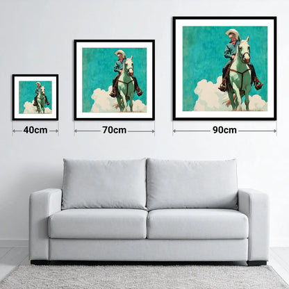 Teal Sky Rider - size guide showing 40cm, 70cm and 90cm art prints