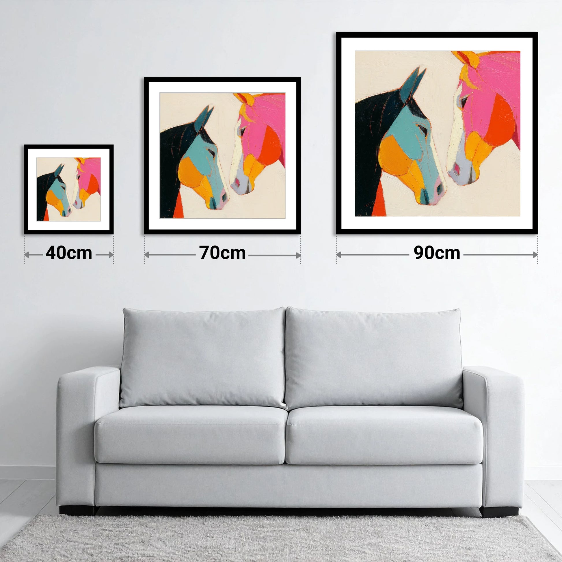 Vivid Connection - size guide showing 40cm, 70cm and 90cm art prints
