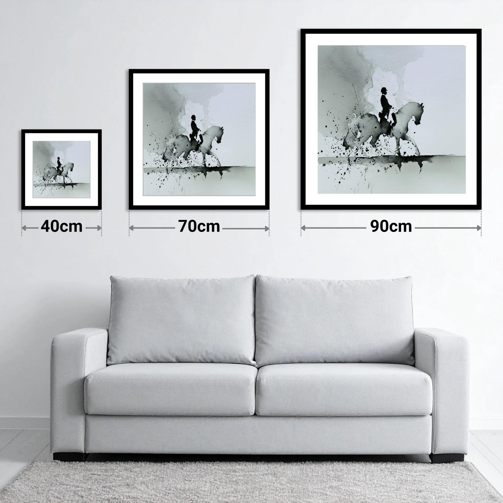 Silhouetted Dressage Elegance - size guide showing 40cm, 70cm and 90cm art prints