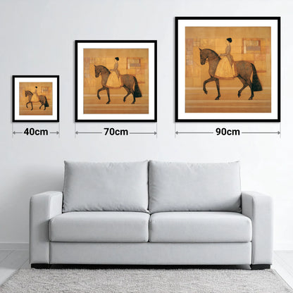 Golden Era Dressage - size guide showing 40cm, 70cm and 90cm art prints