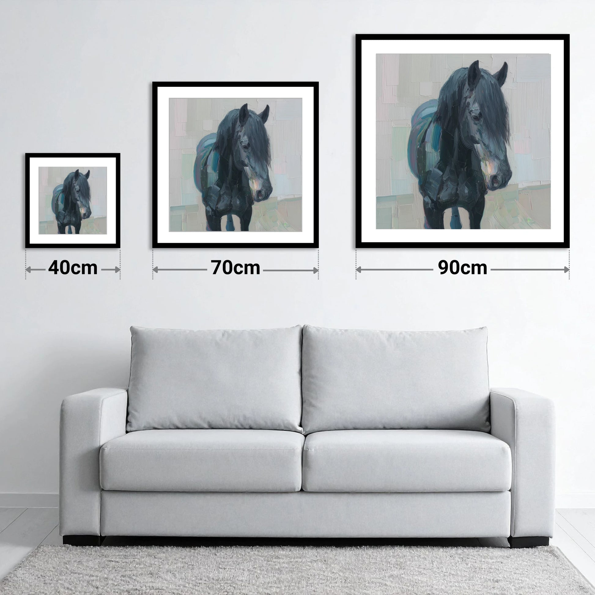 Textured Midnight Profile - size guide showing 40cm, 70cm and 90cm art prints