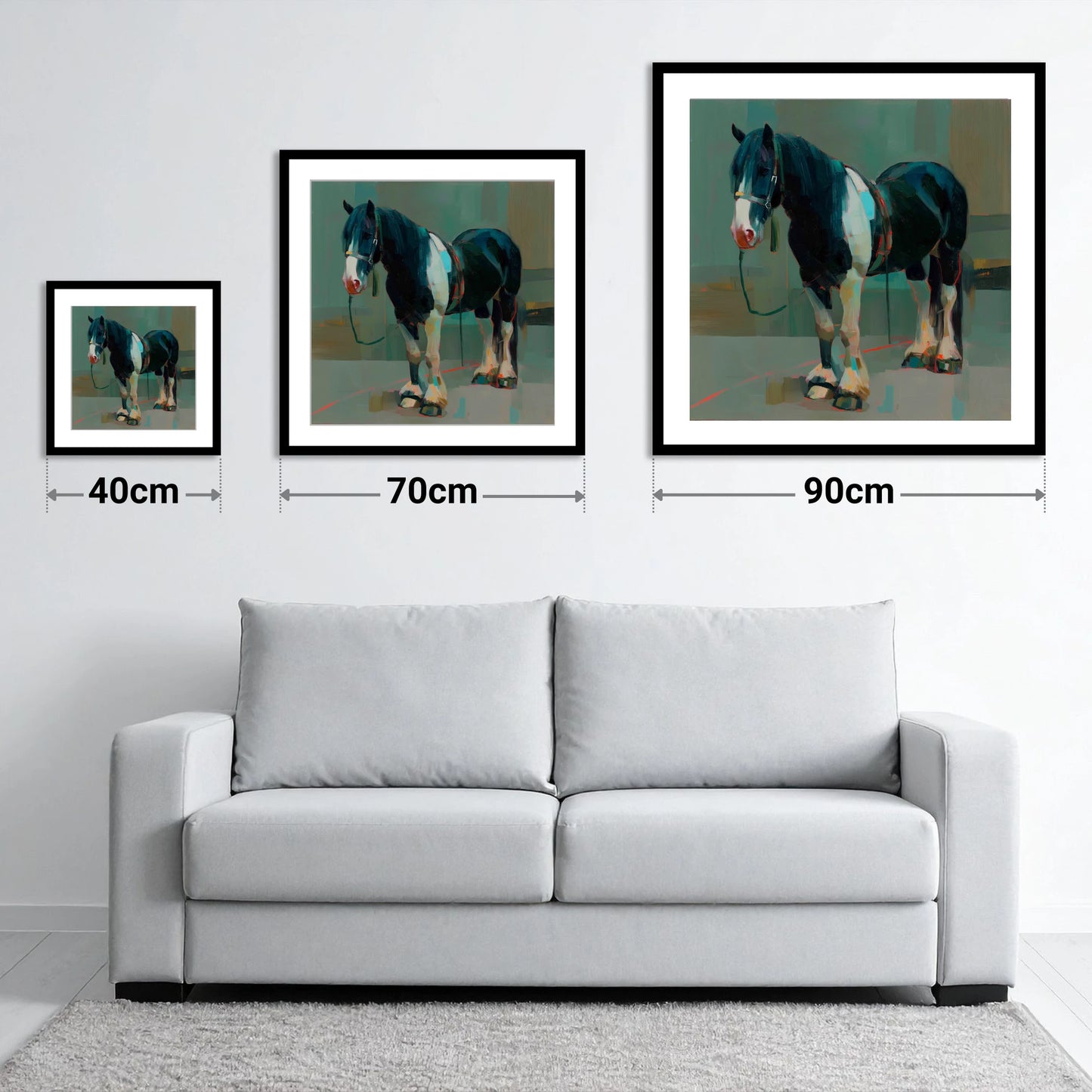 The Stoic Piebald - size guide showing 40cm, 70cm and 90cm art prints