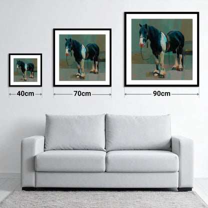 The Stoic Piebald - size guide showing 40cm, 70cm and 90cm art prints