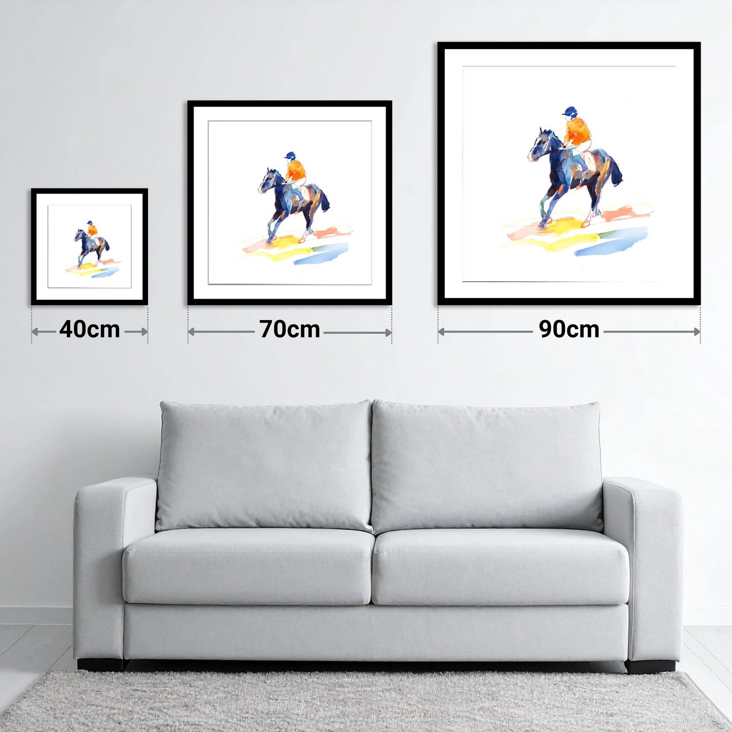 Vivid Racing Colours - size guide showing 40cm, 70cm and 90cm art prints