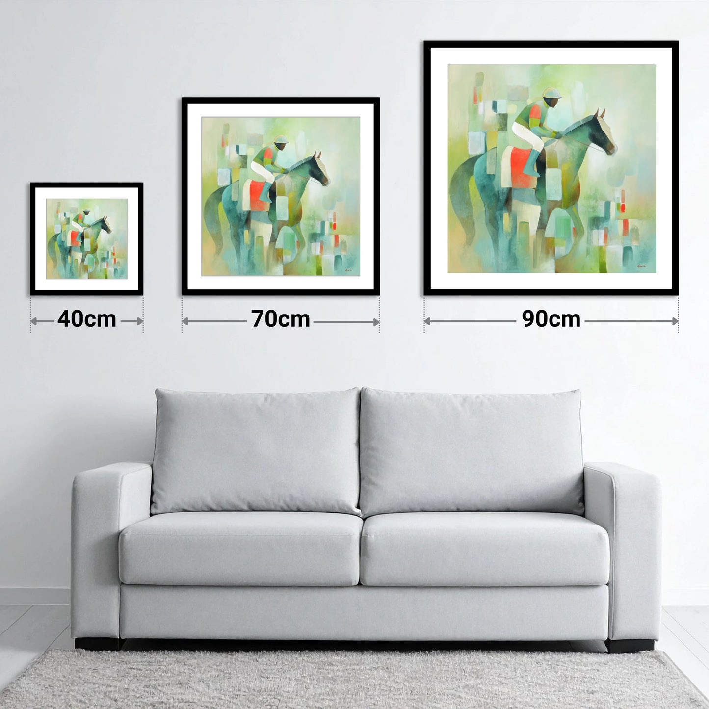 Serene Racing Geometry - size guide showing 40cm, 70cm and 90cm art prints