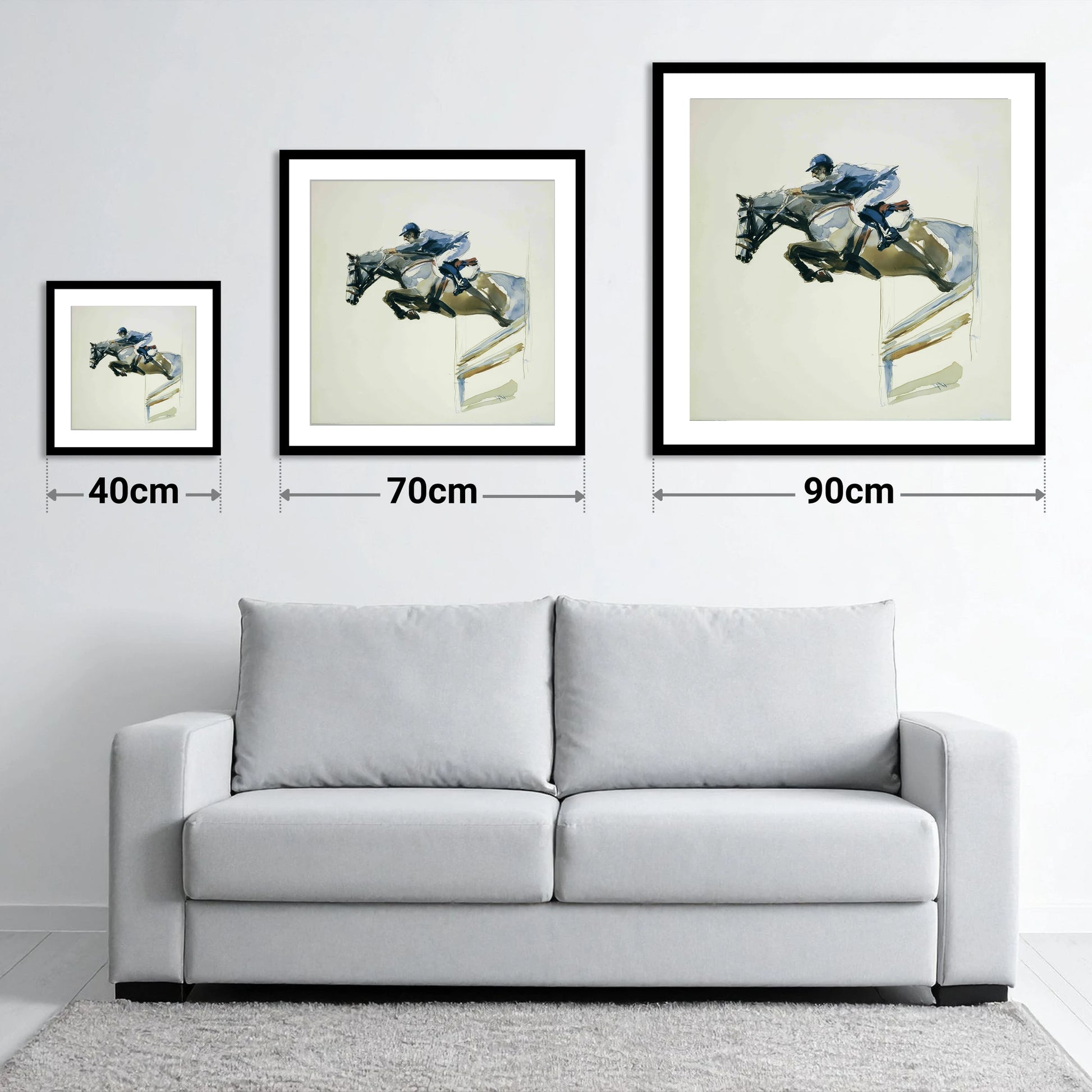 The Perfect Bascule - size guide showing 40cm, 70cm and 90cm art prints