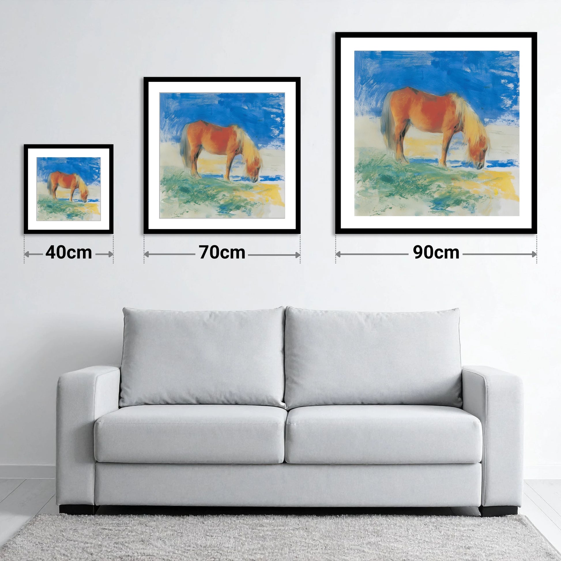 Grazing Under Cobalt Skies - size guide showing 40cm, 70cm and 90cm art prints