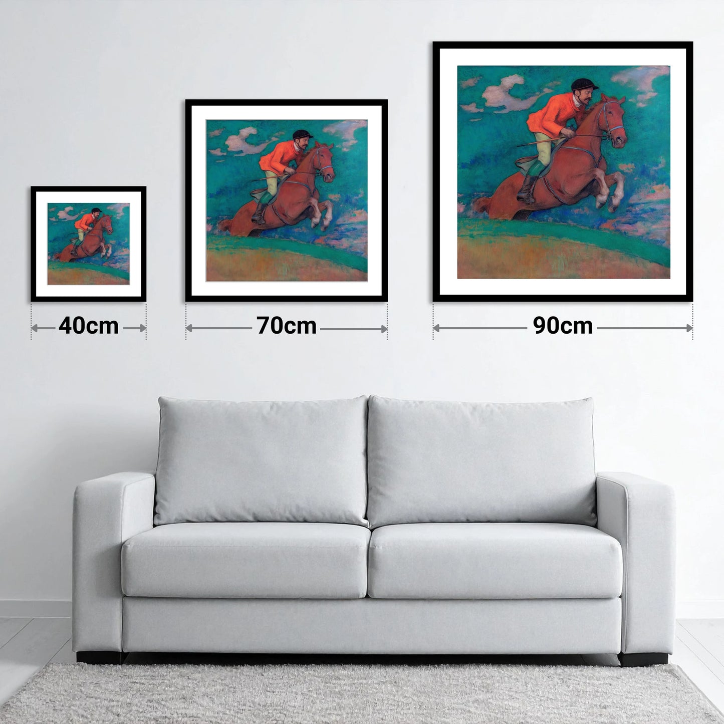 The Crimson Chase - size guide showing 40cm, 70cm and 90cm art prints