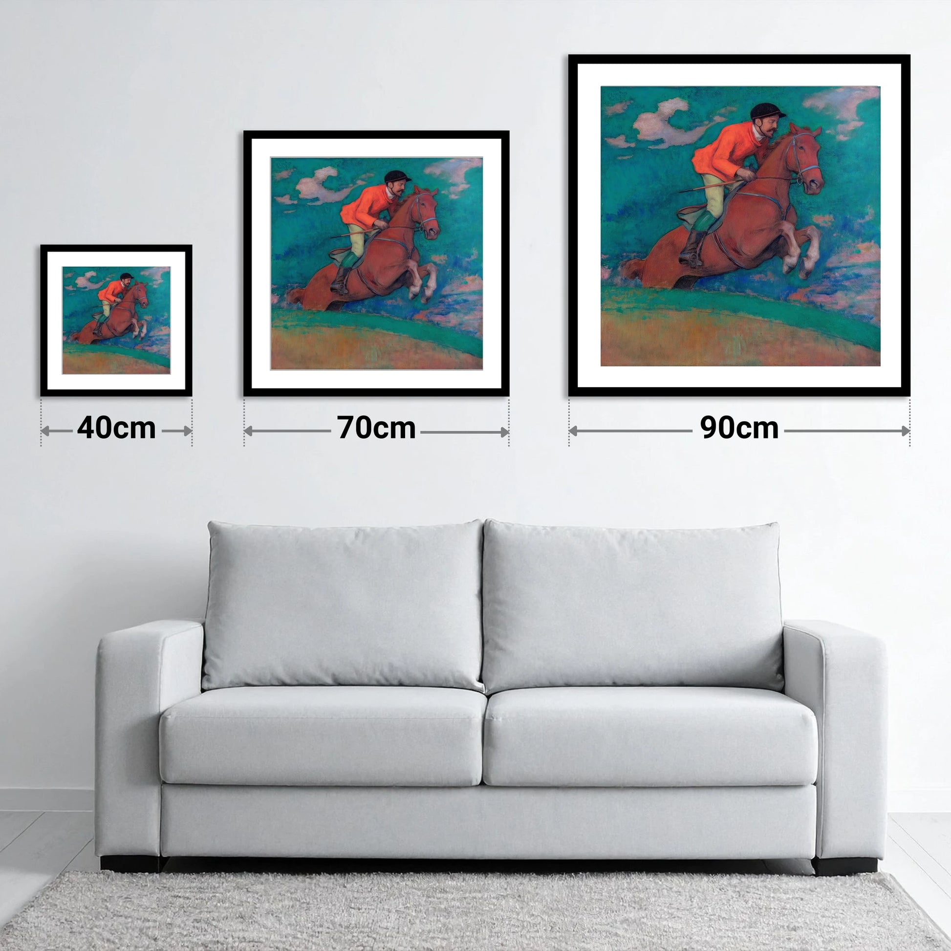 The Crimson Chase - size guide showing 40cm, 70cm and 90cm art prints