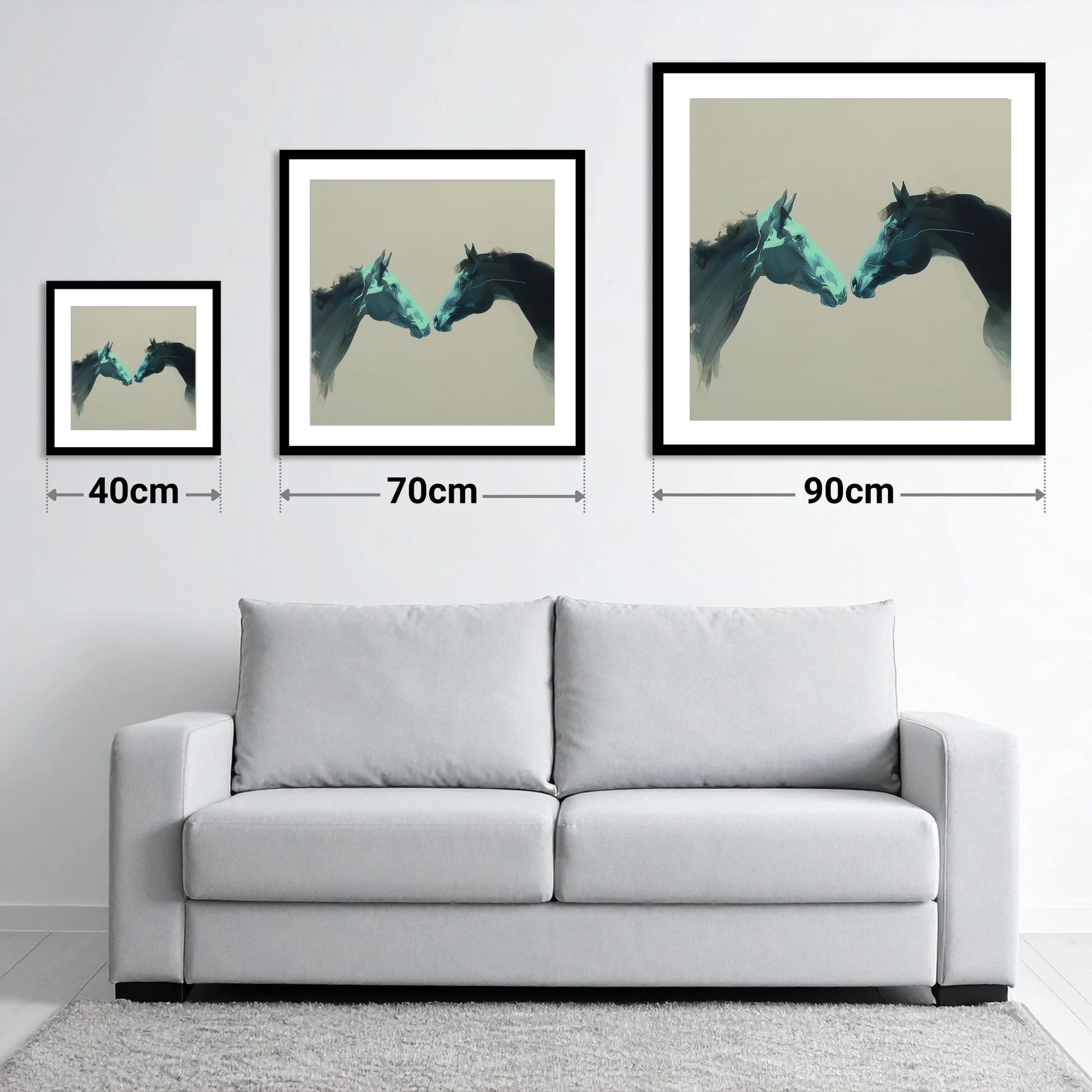 Quiet Connection - size guide showing 40cm, 70cm and 90cm art prints