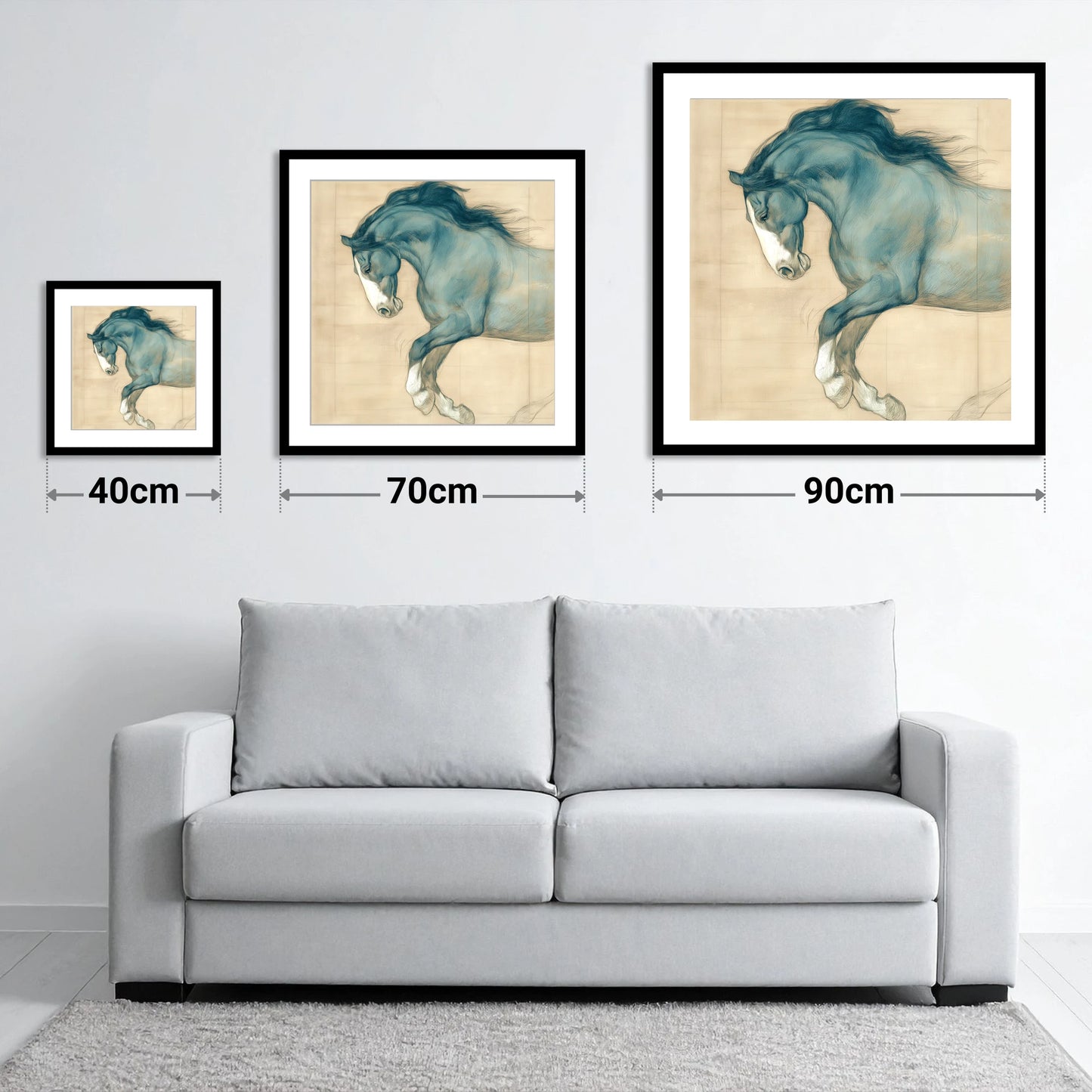Study in Teal - size guide showing 40cm, 70cm and 90cm art prints