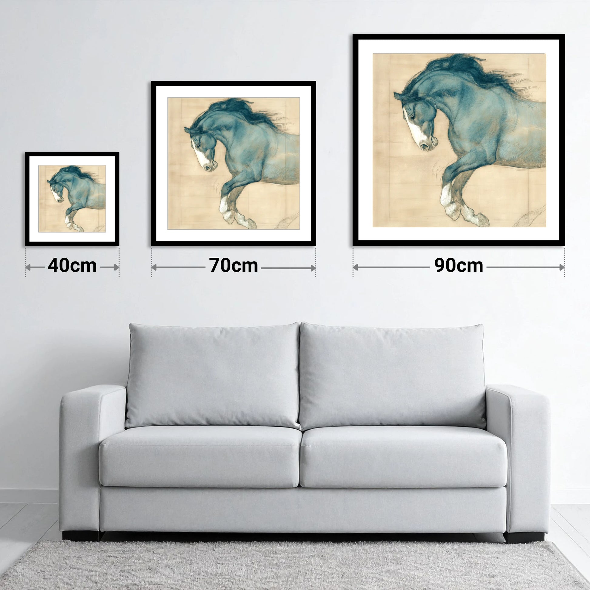 Study in Teal - size guide showing 40cm, 70cm and 90cm art prints